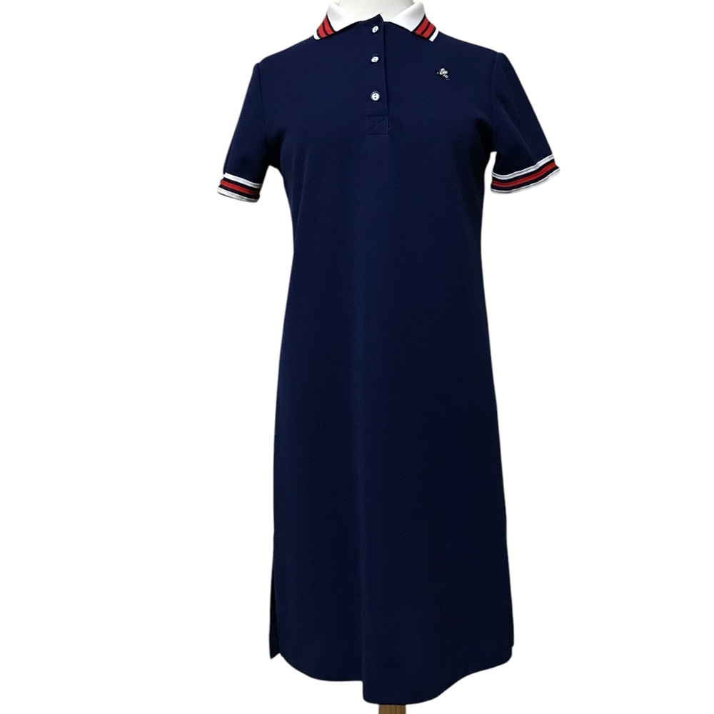 Sears Vintage Polyester Short Sleeve Day Dress Bee Embroidered Navy Blue Medium